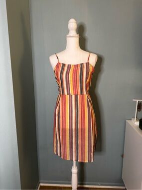 EUC Linen Blend Y2K Neutral Stripe Multicolor Adjustable Tie Back Sun Dress M